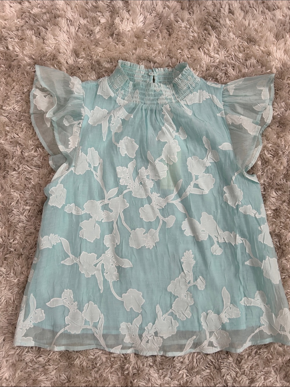 MELLODAY Aqua Blue Floral Smocked Neck Flutter Top